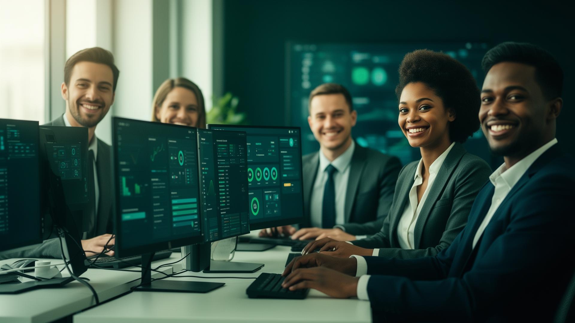 Equipe corporativa trabalhando com segurança em seus computadores